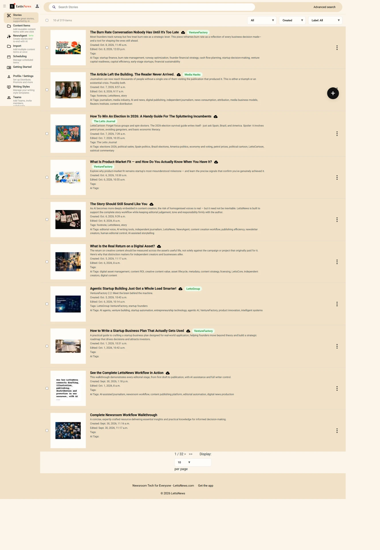 The real LettsNews Stories page, with a searchable story archive and tools for Content Items, NewsAgent, scheduling and teams.